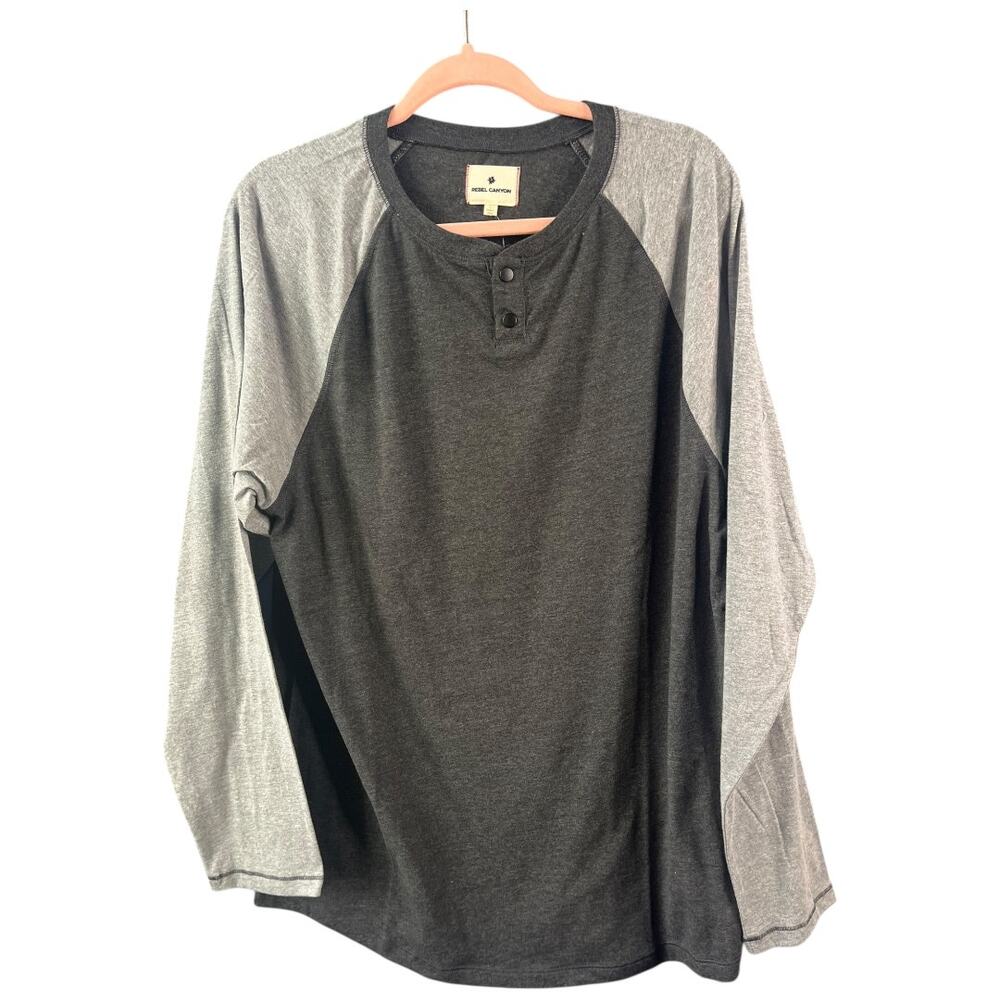 Rebel Canyon Henley baseball button shirt long sleeve charcoal gray large NWT